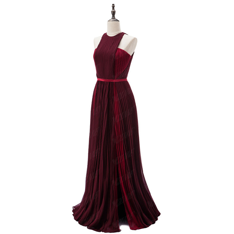 Grape Pleated Chiffon Two Tunes Halter Prom Dresses Long Evening Formal Gowns women