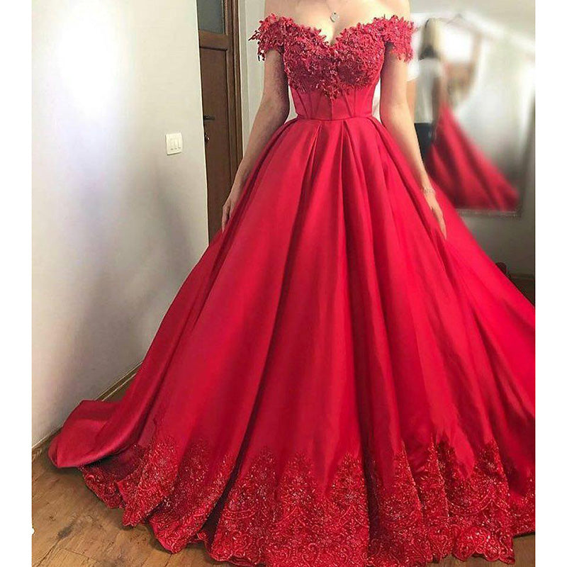 New Red Ball Gown Prom Dresses Women Evening Dresses off the Shoulder Lace Vestido De Festa