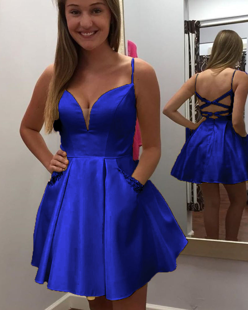 A Line Satin Royal Blue Homecoming Dress  Girls Junior Short Semi Formal Cocktail Gown SP10809