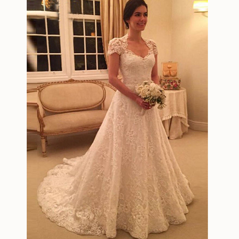 Vintage Cap Short Sleeves Lace Bride Dresses A Line Wedding Gown Vestido de Novais