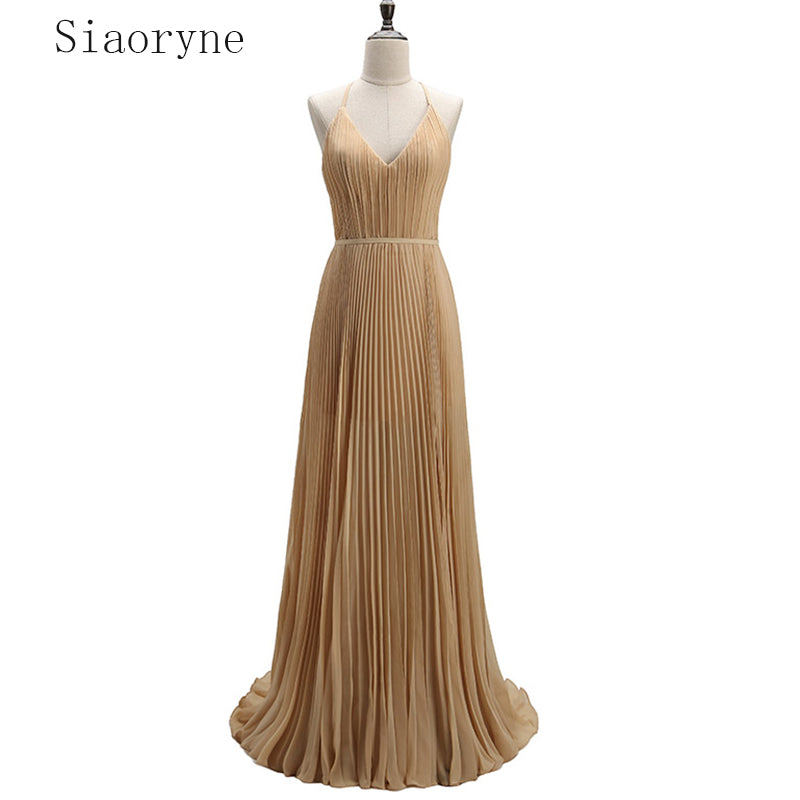 New Pleated Chiffon Halter Champagne Long Evening Dress Party Gown vestidos de festa noite