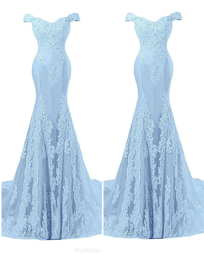 Dust Blue Off the Shoulder Lace Evening Dresses mermaid Formal Gown PL2254