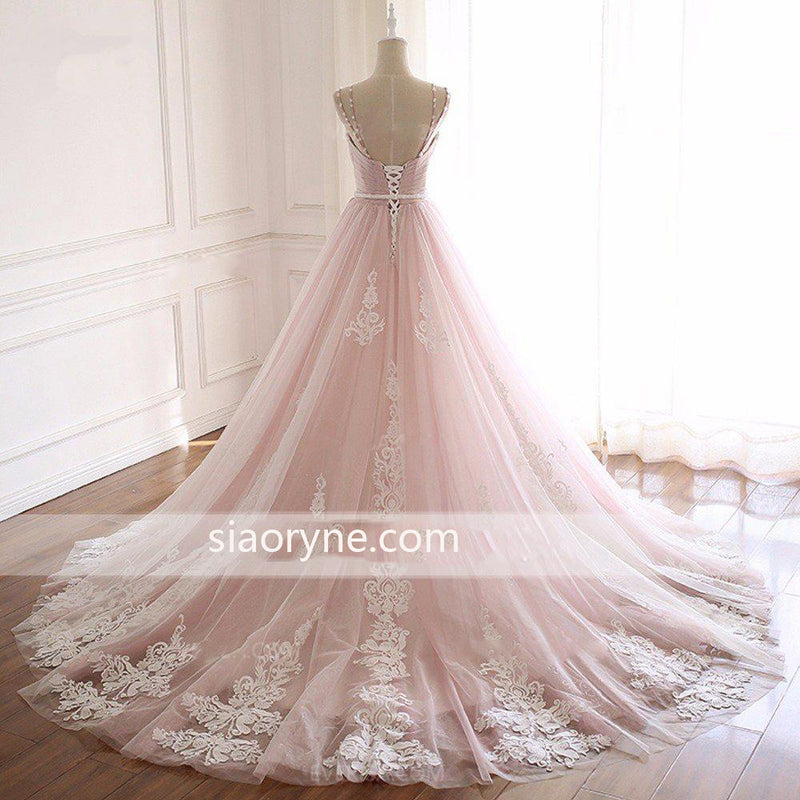 Pink /Ivory Lace Wedding Dress,Girls Sweet 16 Party Prom Gown Quinceanera Dress with Straps PD06238
