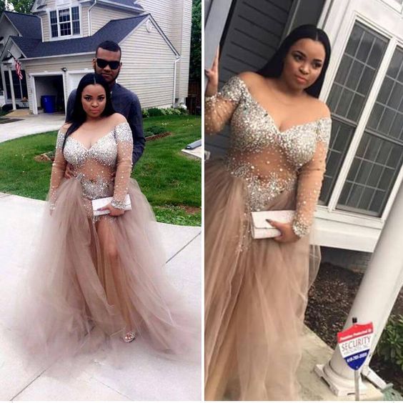 Champagne see through long sleeves prom dresses slit Evening Gown LP6612
