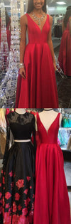 Red V Neck A Line Satin Prom Dresses 2018 Girls Graduation Gown Long Homecoming dresses