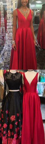 Red V Neck A Line Satin Prom Dresses 2018 Girls Graduation Gown Long Homecoming dresses
