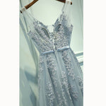 Beautiful V Neck Light Grey Long Prom Dress with Lace Beaded Formal Wear