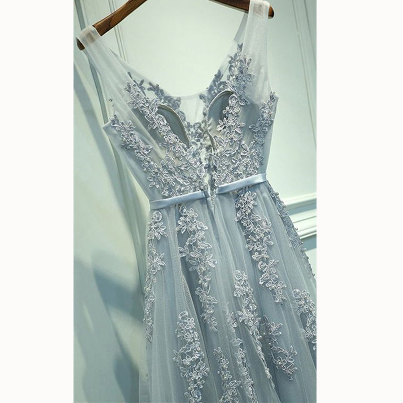 Beautiful V Neck Light Grey Long Prom Dress with Lace Beaded Formal Wear