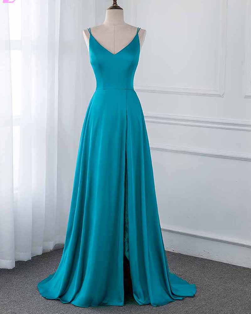 Silk Feeling Satin  Spaghetti Strap Long Prom Dresses 2019 PL2103