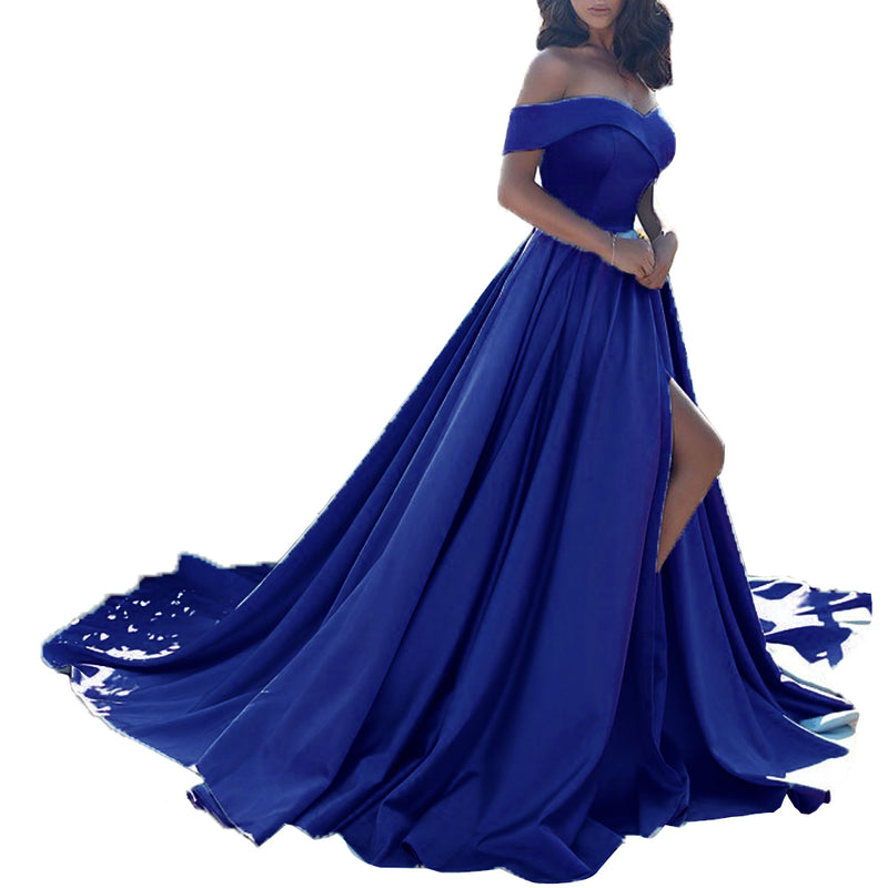 LP3369 LP Gorgeous Fashion A Line Satin Blue Long Prom Dress Slit Off ...