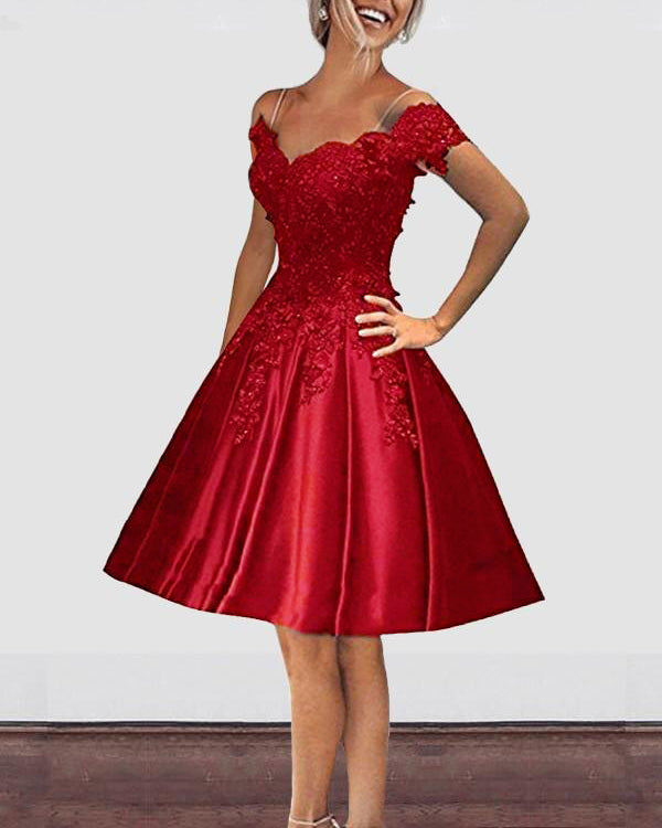 off the Shoulder Lace Burgundy Wedding Dress Short Prom DressWD541