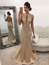 Sexy Mermaid Crystal Beading Long Evening Dress Formal Prom Dresses Champagne Siaoryne LP032