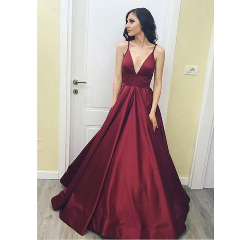 Siaoryne Burgundy Spaghetti Straps Long Prom Dresses,Girls formal gown