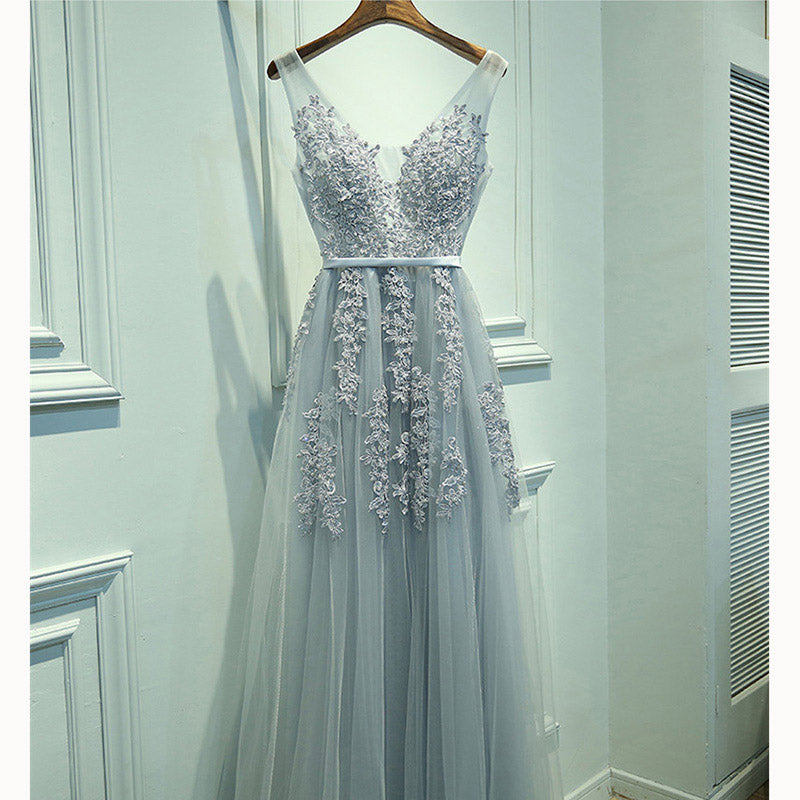 Beautiful V Neck Light Grey Long Prom Dress with Lace Beaded Formal Wear