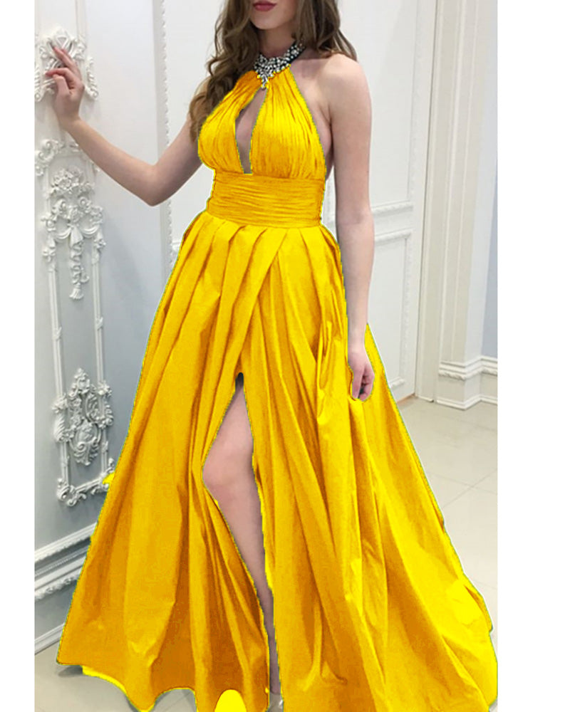 Siaoryne Dark Green Halter Sexy A Line Long Prom Dresses with Beading PL1106