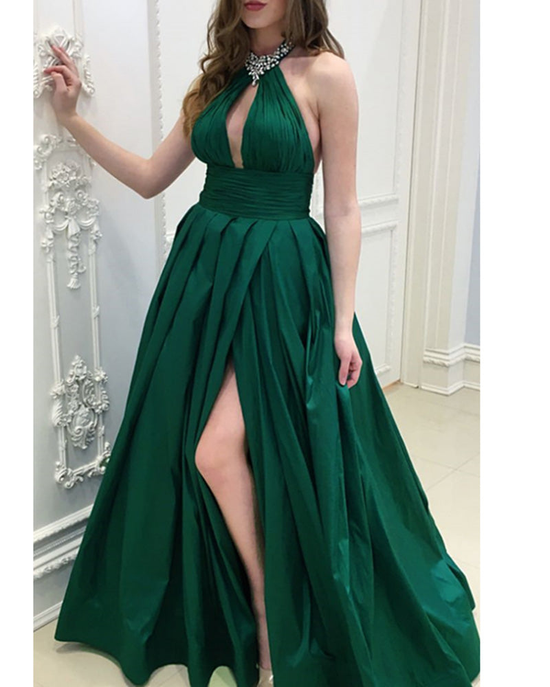 Siaoryne Dark Green Halter Sexy A Line Long Prom Dresses with Beading PL1106