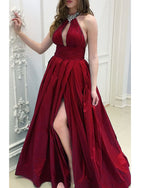 Siaoryne Dark Green Halter Sexy A Line Long Prom Dresses with Beading PL1106