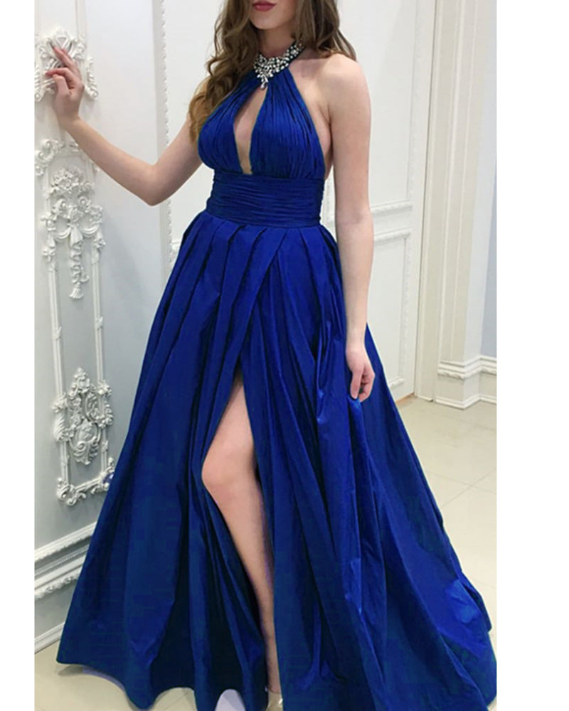 Siaoryne Dark Green Halter Sexy A Line Long Prom Dresses with Beading PL1106