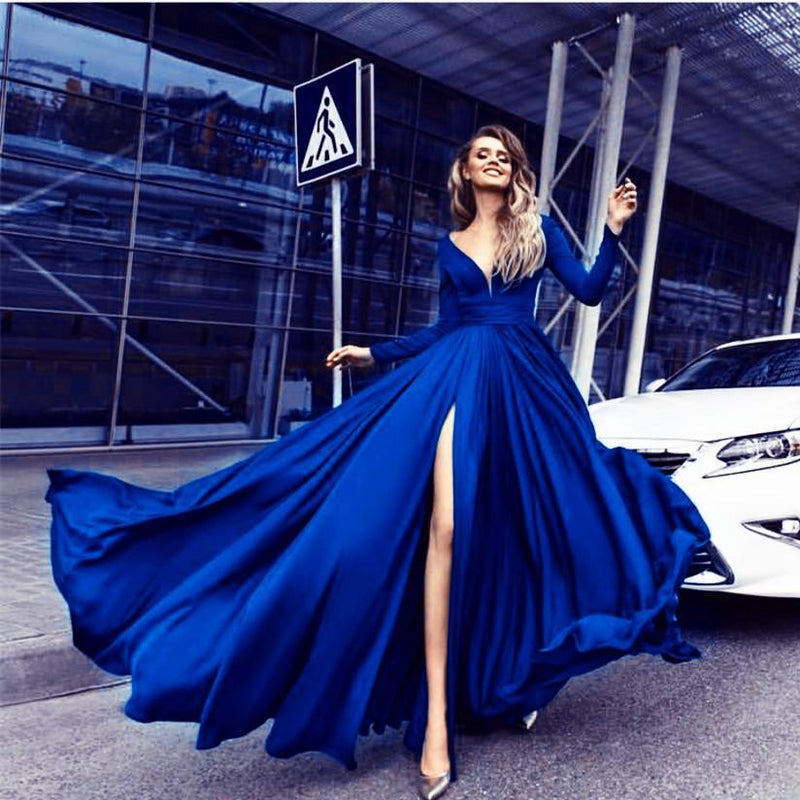 LP3375 Silk Long Sleeved Evening Prom Dresses 2022 V neck Formal Gown