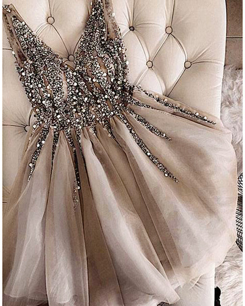 Beading and Sequins Grey/Champagne Short Cocktail Dresses for Girls Siaoryne Beading and Sequins Grey/Champagne Short Cocktail Dresses for Girls Siaoryne