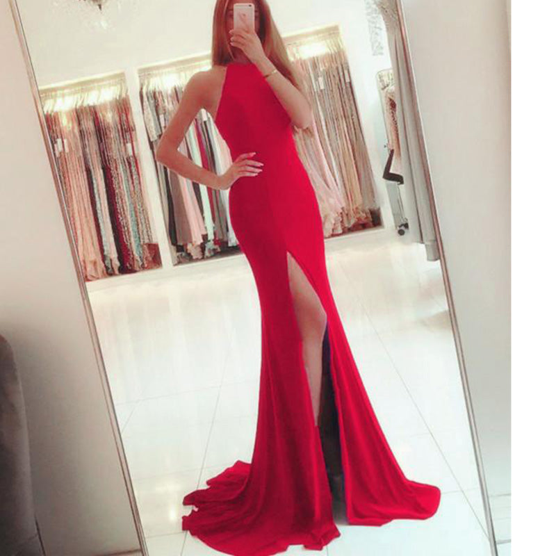 Trendy Jersey Fit Dress Red Prom Dresses Sexy Open back Split Leg Evening Party Dress 2018