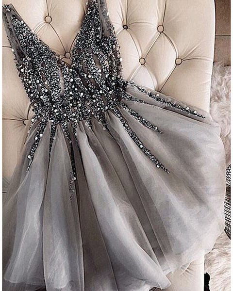Beading and Sequins Grey/Champagne Short Cocktail Dresses for Girls – Siaoryne Beading and Sequins Grey/Champagne Short Cocktail Dresses for Girls – Siaoryne