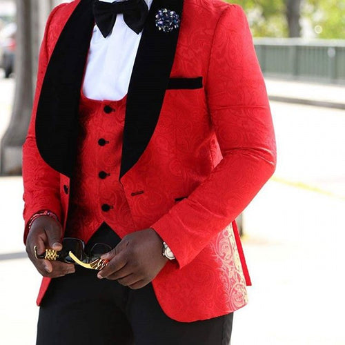 Men 2022  Suit Brand New Groomsmen Shawl Lapel Groom Tuxedos Red/White/Black Men Suits Wedding Best Man Blazer (Jacket+Pants+Bow Tie+Vest)