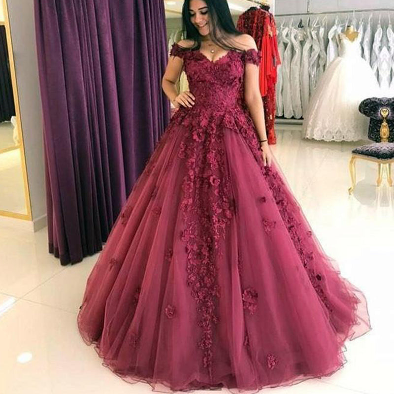 Chic A Line Burgundy Women Formal Prom Dress Lace Sleeveless Wedding Dress 2022