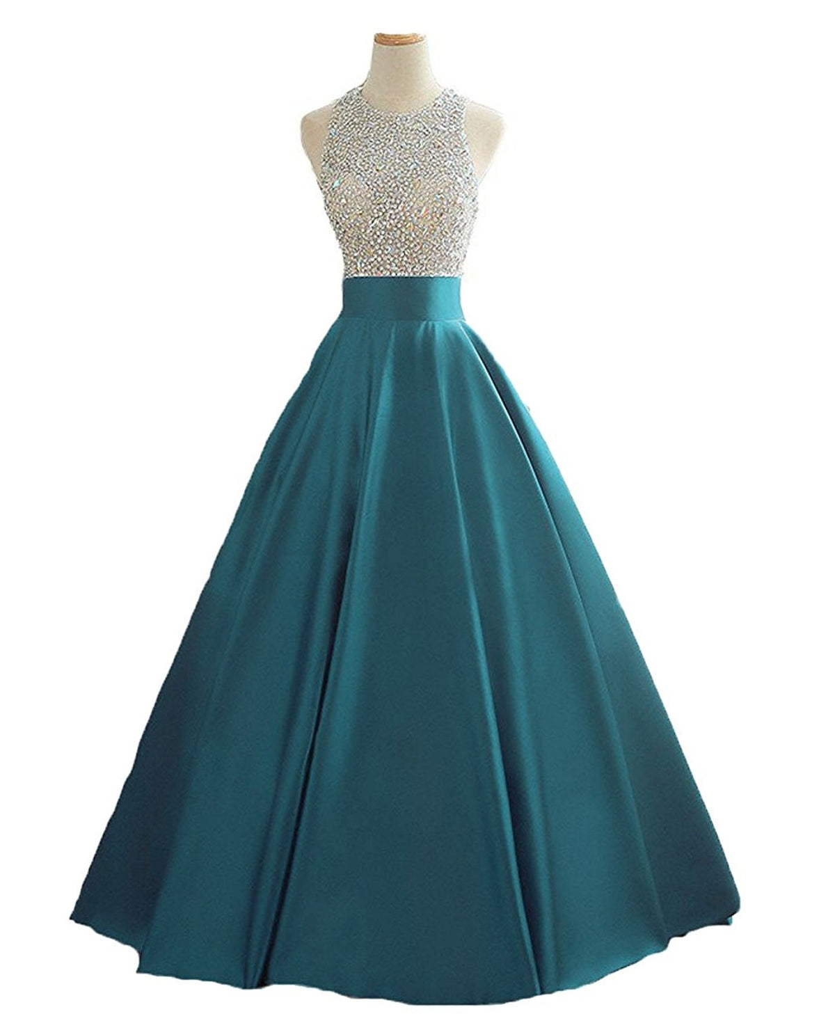 Elegant High Neck Beading Crystal Prom Dresses Long Satin A Line Two Pieces Evening Gowns