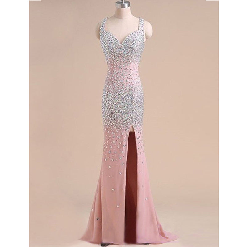 Crystal Long Mermaid Prom Dresses with Slit,Evening Formal Gown for Women Heavy Beading