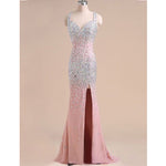 Crystal Long Mermaid Prom Dresses with Slit,Evening Formal Gown for Women Heavy Beading