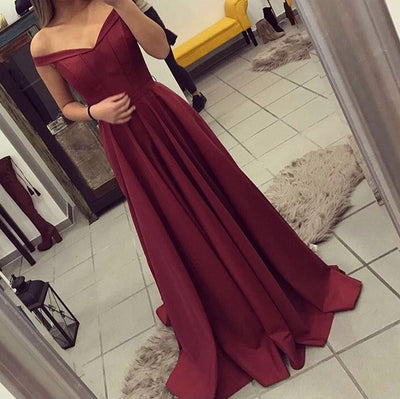Maroon Off the shoulder Full Skirt Prom Dresses Long Girls Formal Dresses 2018