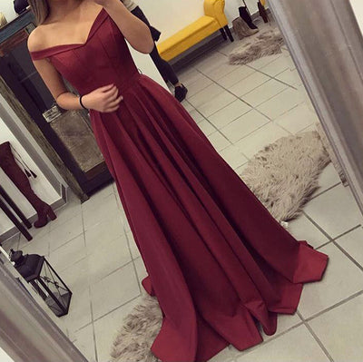 Off Shoulder Burgundy Prom Dress Satin A Line Graduation Dress Girls Long Homecoming Gown Outfits