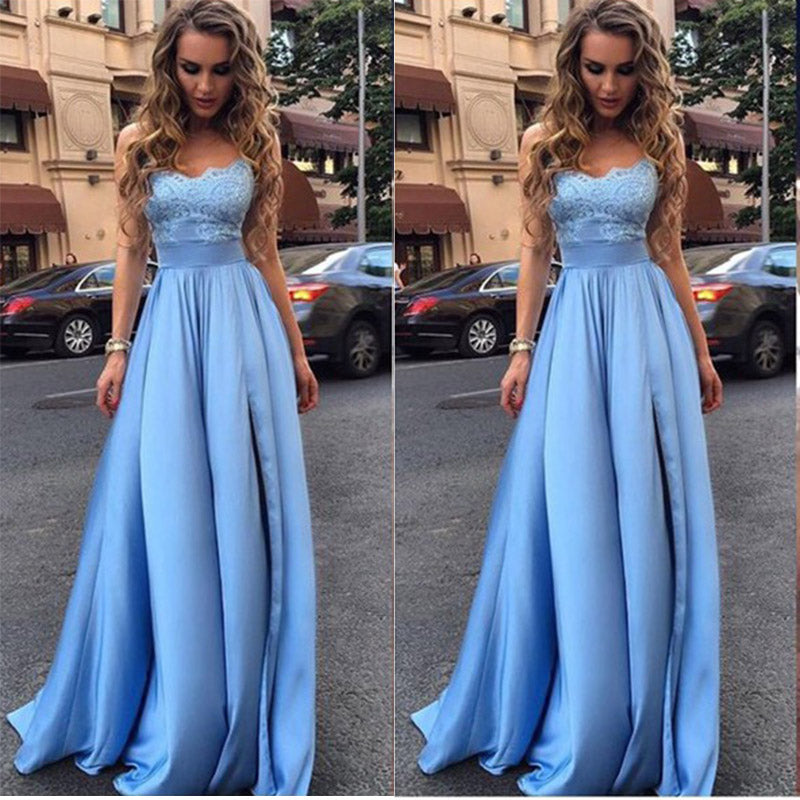 Sky Blue Sweetheart Long Prom Dresses,Satin Formal Gowns for Girls 2021
