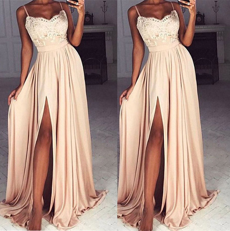 Spaghetti Straps Sexy Slit Long Prom Dress with Lace Top,Formal Gowns with Straps