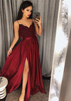 Long Burgundy Evening Dresses with Straps Lace Top sexy Slit Party Formal Prom Gown