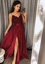 Long Burgundy Evening Dresses with Straps Lace Top sexy Slit Party Formal Prom Gown