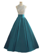Elegant High Neck Beading Crystal Prom Dresses Long Satin A Line Two Pieces Evening Gowns