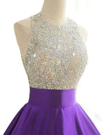 Elegant High Neck Beading Crystal Prom Dresses Long Satin A Line Two Pieces Evening Gowns