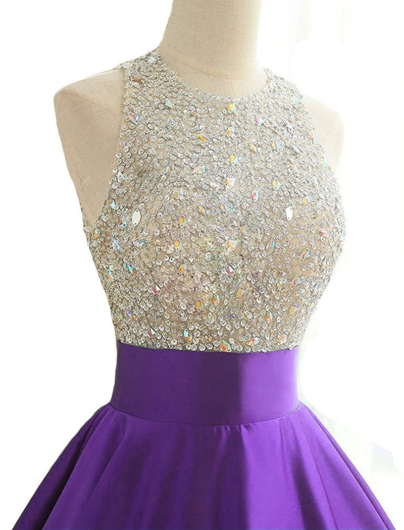 Elegant High Neck Beading Crystal Prom Dresses Long Satin A Line Two Pieces Evening Gowns