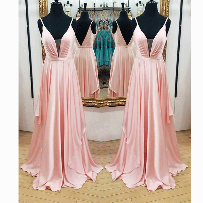 Pink Prom Dress A Line Dee V Neck Long Evening Formal Dresses with Spaghetti Straps