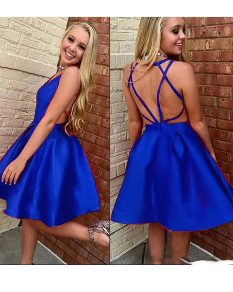 Red V Neck Satin Prom Homecoming Dress Short Party Gown Junior Graduation Dresses