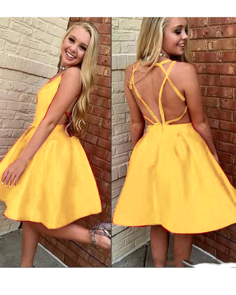 Red V Neck Satin Prom Homecoming Dress Short Party Gown Junior Graduation Dresses