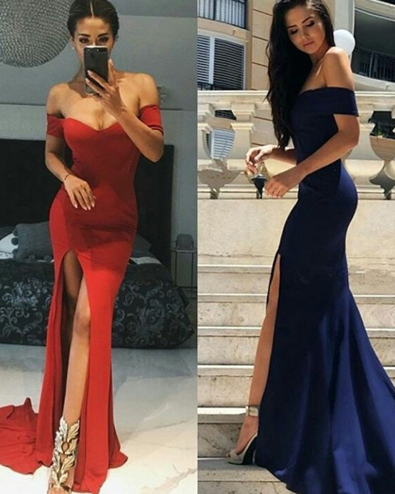 Red /Navy Long Fitted Evening Dress Women Off the Shoulder Prom Party Gown LP3330