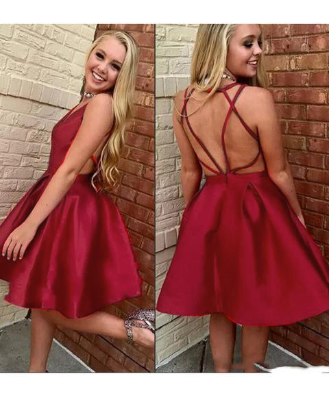 Red V Neck Satin Prom Homecoming Dress Short Party Gown Junior Graduation Dresses
