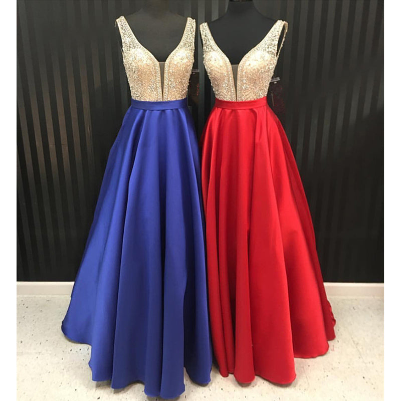 Sexy Double V Neck A Line Satin Prom Dress,Senior Formal Prom Gown for Graduation