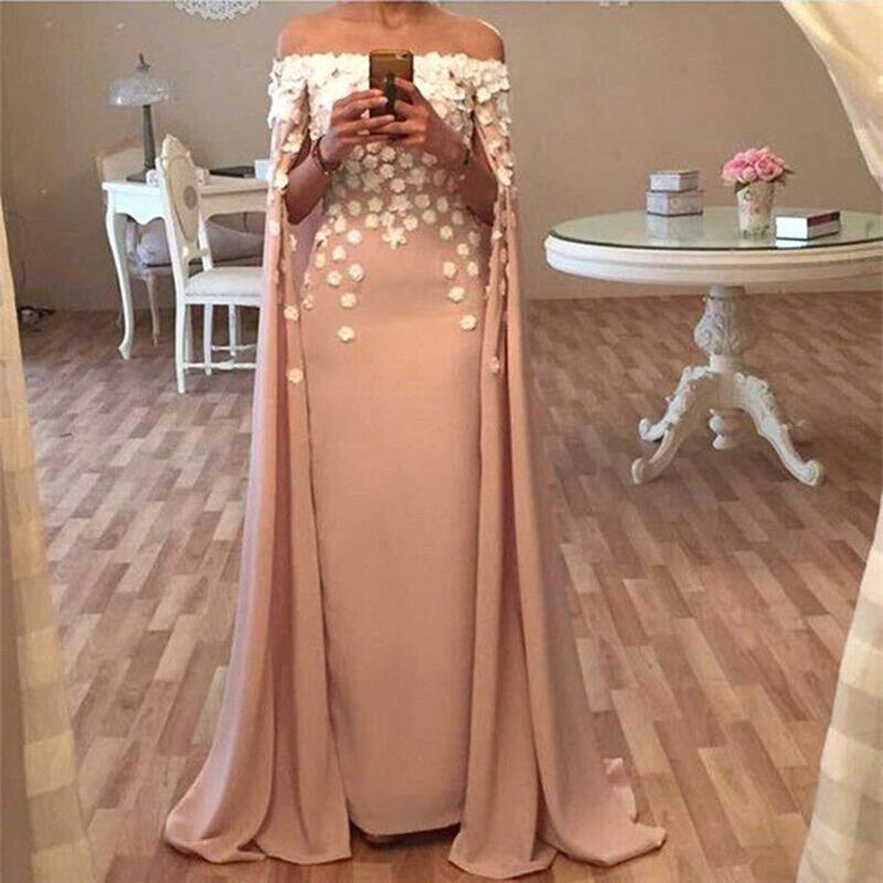 Trendy Dubai Style Long Cape Evening Formal Gowns Chiffon Long Prom Dresses 2018 with Flowers