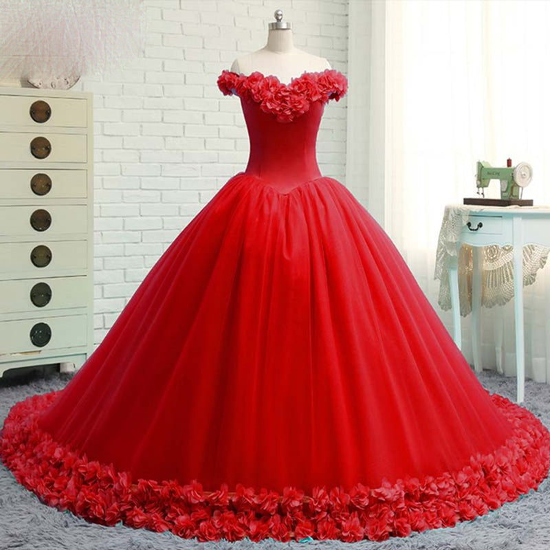 Red Ball Gown Quinceanera Dress Girls Sweet 16 Debutante Gown Flower Wedding Dress LP0508