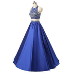 Elegant High Neck Beading Crystal Prom Dresses Long Satin A Line Two Pieces Evening Gowns