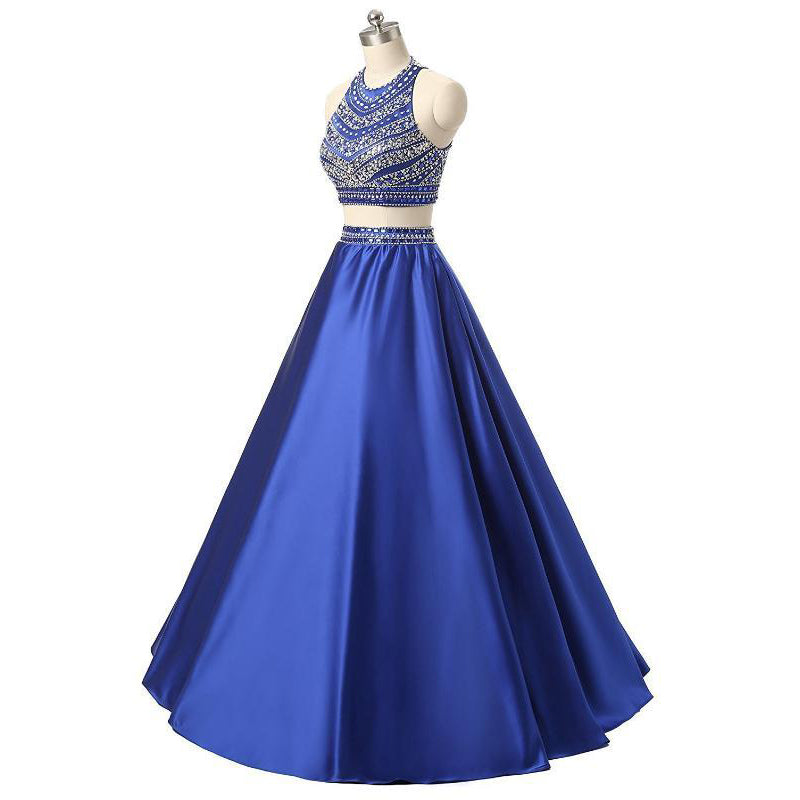 Elegant High Neck Beading Crystal Prom Dresses Long Satin A Line Two Pieces Evening Gowns